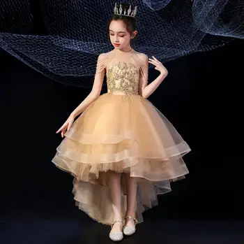 Aukso Nėrinių Vaikams Mergaitėms Vestuvių Ilga Suknelė elegantiškas China Princess Šalis Inscenizacija Kalėdų Oficialų Suknelė Vakare Komunijos Drabužiai