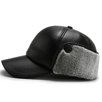 Black Pu Oda Žiemą Kepurės Snapback Earflaps Beisbolo Kepuraitę Vyrų Ausų Apsaugos Slidinėjimo Kepurę Lauko Plius Aksomo Sustorėjimas, Šiltas L15