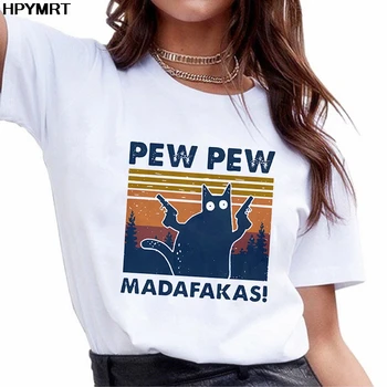 Juoda Katė Pew Pew Madafakas Funny Cat Gangsteris Su Šautuvu Retro moteriški marškinėliai trumpomis rankovėmis T-Shirt Humoro Dovana Viršūnes tee marškinėliai