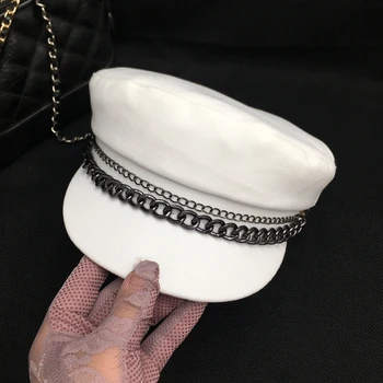 Karinės skydeliai pavasario rudens laikotarpiu ir naujų velvetas moterų bžūp maža balta skrybėlę aštuoniakampis bžūp karinio jūrų laivyno moterų skrybėlę derliaus grandinės