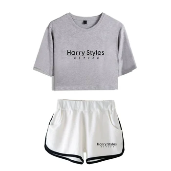 Naujas Harry Styles Atspausdinta dviejų dalių Rinkinys Sexy Medvilnės marškinėliai Moteris Tracksuit Mados Pasėlių Viršų ir Šortai, Kelnės Vasaros Drabužių