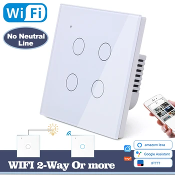 (Nereikia neutrali linija) WIFI Touch Šviesos Sienos Jungiklis, Baltas Stiklas, Mėlyna LED Smart Home Telefono Kontrolė 4 Gauja 2 Būdas Alexa 