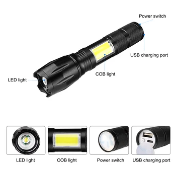 Nešiojamų COB LED Žibintuvėlis USB Įkrovimo T6 Darbo lempa ZOOM katerių Kempingas Lauko Su Saugojimo Atveju