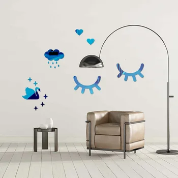 Stereo 3D veidrodis, sienų lipdukai šypsena blakstienos swan debesis lietaus, nuimamas lipnios etiketės, vaikų kambario dekoravimas