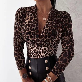 Tigras, Leopardas Spausdinti Moterų Palaidinė Marškinėliai 2020 M. Rudens Žiemos Ilgomis Rankovėmis Slim Viršūnes Megztinis Mados Seksualus V-Kaklo Marškinėliai Lady Blusas
