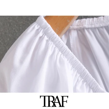 TRAF Moterų Saldus Mados Susiėmę Baltos Palaidinės Derlius V-Kaklo, ilgomis Rankovėmis Moteriška Marškinėliai Blusas Prašmatnus Viršūnės